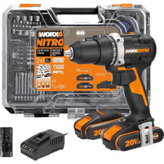 WORX NITRO 18V (20V MAX) WX102.1 PowerShare bezsaites akumulatora urbjmašīna 60 Nm 2 līmeņu ātruma regulēšanas savienojums ar 18+1 pozīciju LED apgaismojumu 2 x 2Ah akumulatori lādētājs 75 gab. piederumu komplekts