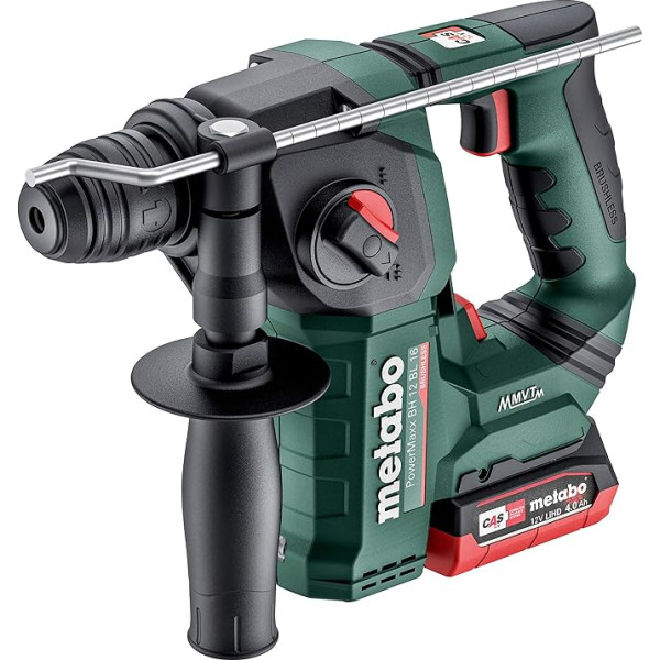 Metabo 600207800 Akumulatora āmurs ar Meta kasti (ar 2 akumulatoriem 4,0 Ah, 12 V, ar LED apgaismojumu, 12 V, urbšanai ar āmuru un urbšanai, ar drošības izslēgšanas funkciju)