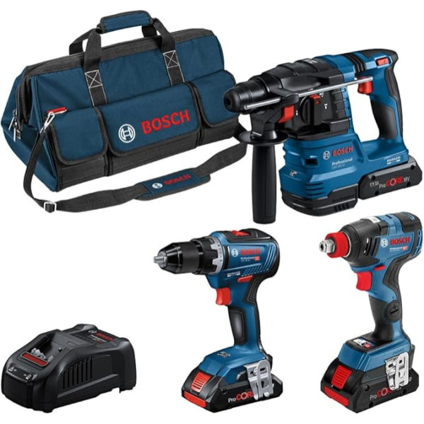 Bosch profesionālais kombinētais komplekts GSR 18V-55 + GDX 18V-200 + GBH 18V-22 (inkl. 3x 4,0 Ah ProCORE Akku, Ladegerät GAL 1880 CV, in mittelgroßer Werkzeugtasche)