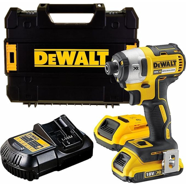 Dewalt DCF887D2 18 V akumulatora triecienatslēga (Max. Griezes moments 205 NM, bezsuku motors, elektroniski regulējams rotācijas un trieciena ātrums 3 līmeņos, komplektā ietilpst 2 x 2,0 Ah Li-Ion akumulatori un ātrdarbīga ierīce.