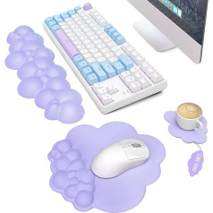 3 in 1 mākoņains ergonomisks tastatūras plaukstas locītavas balsts, peles paliktnis un paliktnīšu komplekts, PU āda, neslīdoša gumijas pamatne un atmiņas putas, ērts rakstīšanai un sāpju mazināšanai, piemērots spēlēm, birojam, violets