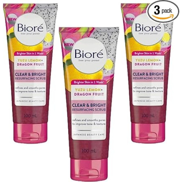 Fiinix 3 x Biore Clear & Bright Yuzu Lemon + Dragon Fruit eksfoliējošs sejas skrubis, vegānisks, bez eļļas, mitrina un atjauno ādu, ar dabīgiem vitamīniem un minerāliem, tīra āda, 100 ml