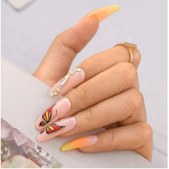 Sethexy Long Gradient Balerīna False Nail Pink Orange Butterfly Coffin False Fingnails Shiny Pack of 24 Acrylic Art Nail Tips sievietēm un meitenēm