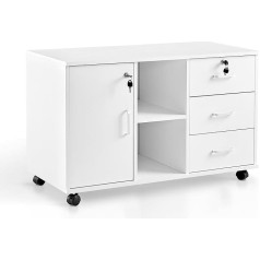 Ofcasa Mobile Filing Cabinet with 3 Drawers, Lockable Office Rolling Cabinet with Wheels, 1 Door, 2 Shelves, 2 Locks, White Wood, Storage Cabinet for Home Office, 90 x 40 x 55 cm