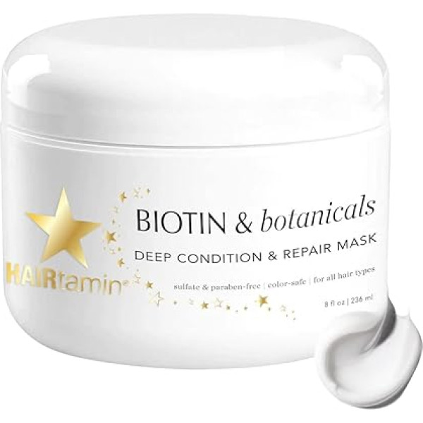 Hairtamin BIOTIN & BOTANICALS Deep Condition & Repair Hair Mask, matu kopšanas maska visiem matu tipiem, stipriem, spīdīgiem un biezākiem matiem, ar biotīnu, kokosriekstu eļļu un E vitamīnu, 236 ml