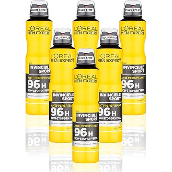 L'oréal Paris Men Expert 96H Invincible Sport Antiperspirant dezodorants vīriešiem, 250 ml, iepakojums 6 gab.