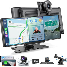 Alpinetech bezvadu Carplay displejs un Android Car displejs: Pārnēsājams auto radio ar 4K Dash Cam priekšējā aizmugurējā skata kameru Siri Bluetooth Mirror Link AUX FM SD karte visiem transportlīdzekļiem.