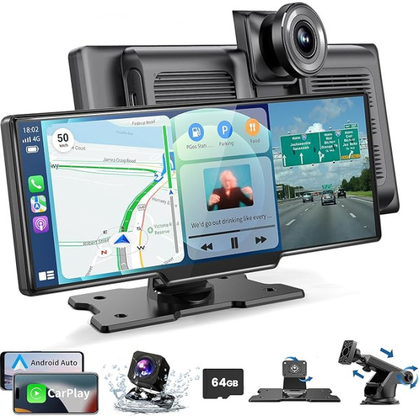 Alpinetech bezvadu Carplay displejs un Android Car displejs: Pārnēsājams auto radio ar 4K Dash Cam priekšējā aizmugurējā skata kameru Siri Bluetooth Mirror Link AUX FM SD karte visiem transportlīdzekļiem.