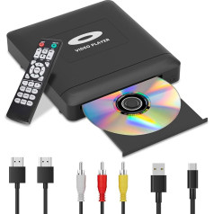 Mini HD DVD atskaņotājs ar HDMI, 1080P bezreģionālais DVD atskaņotājs viedajam televizoram, HDMI/RCA izejas kabelis iekļauts, zemāks trokšņu līmenis, iebūvēts PAL/NTSC, CD atskaņotājs mājās