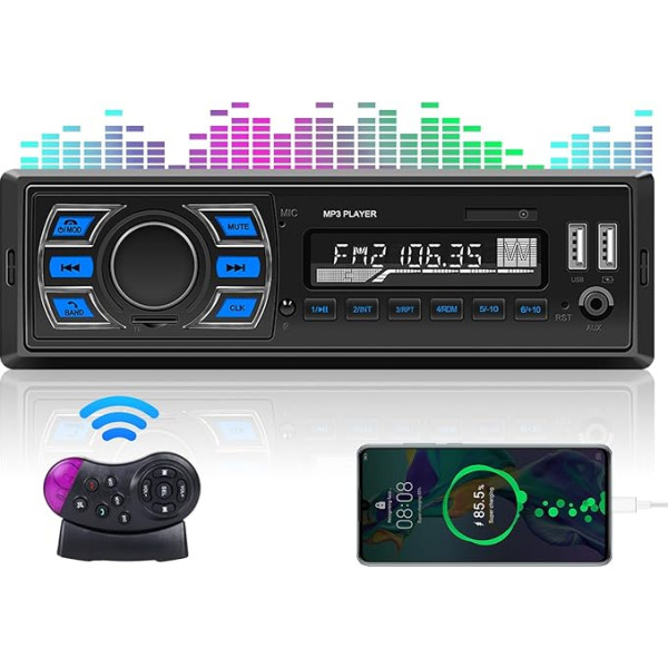 Podofo DAB auto radio 1 DIN ar Bluetooth 5.0, auto radio 1 DIN ar DAB FM radio, 2 USB porti, SD karte, Aux-in, ātrā uzlāde