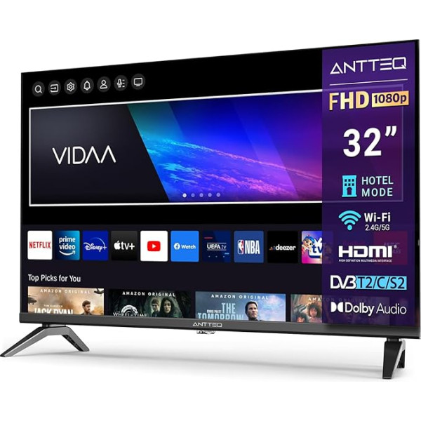 Antteq L32-AVF3N1 TV 32 collu (81 cm) Smart TV, FHD, Dolby Audio, Trīs uztvērēji (DVB-T2/S2/C), App Store, Netflix, Prime Video, DAZN, UVM, Wifi, Viesnīcas režīms, 2024