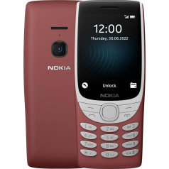 Nokia 8210 4G tālrunis, 4G pieslēgums, liels displejs, iebūvēts MP3 atskaņotājs un bezvadu FM radio, klasiskā čūskas spēle, sarkans