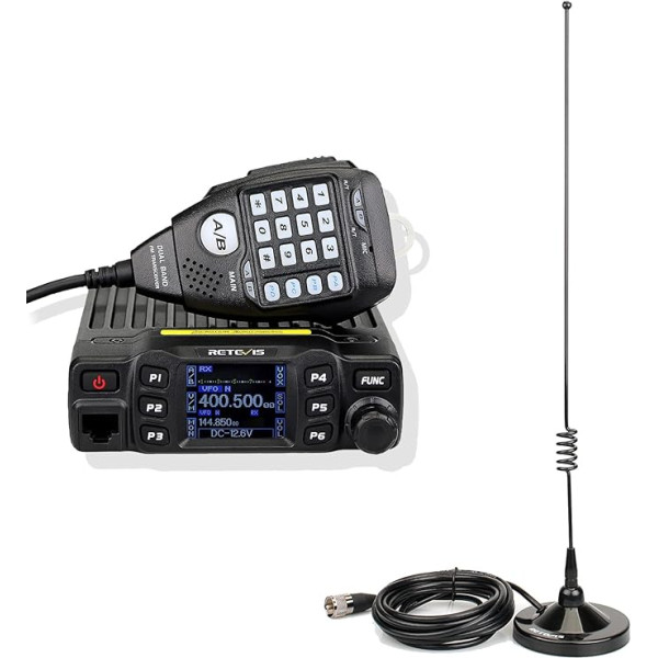 Retevis RT95 radioamatieru raiduztvērējs ar divjoslu antenu, mini mobilais radio raiduztvērējs ar rotējošu LCD displeju, 200 kanāli, SL16/PL259 mobilā auto antena