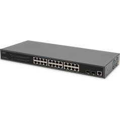 DIGITUS 27 portu pārvaldāms gigabitu PoE tīkla komutators - 24 RJ45 pieslēgvietu pieslēgvietu - 2 SFP pieslēgvietas - 1 konsoles pieslēgvieta - 450 W PoE budžets - L2 funkcijas - 19 collu - 10/100/1000 Mbps - melns