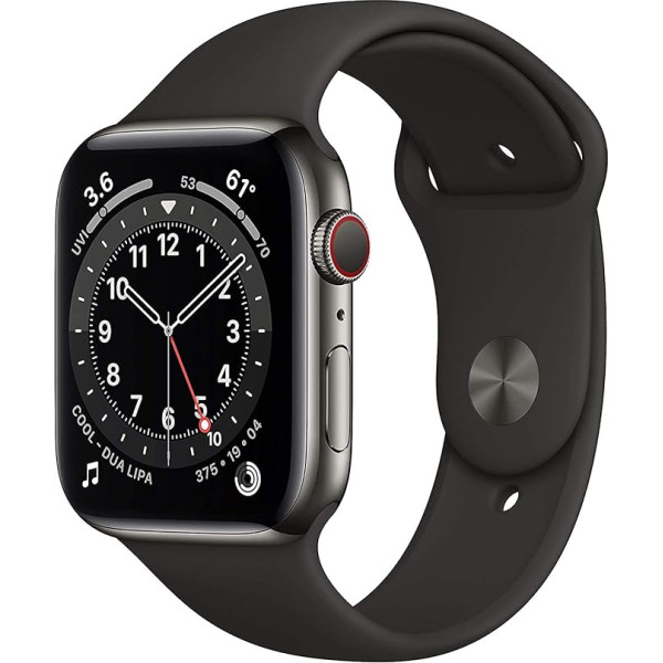 Apple Watch Series 6 (GPS + Zellular, 44MM) Grafīta ekrāna rokassprādze ar melnu sporta aproci (vispārējs pasūtījums)