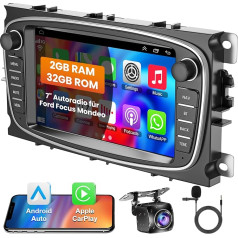 Android auto stereo priekš Ford Focus II C-MAX S-MAX Galaxy II Kuga Mondeo Iebūvēts bezvadu CarPlay Android auto radio, Bluetooth audio uztvērējs 7 collu ekrāns GPS navigācija atpakaļgaitas kamera WiFi FM RDS