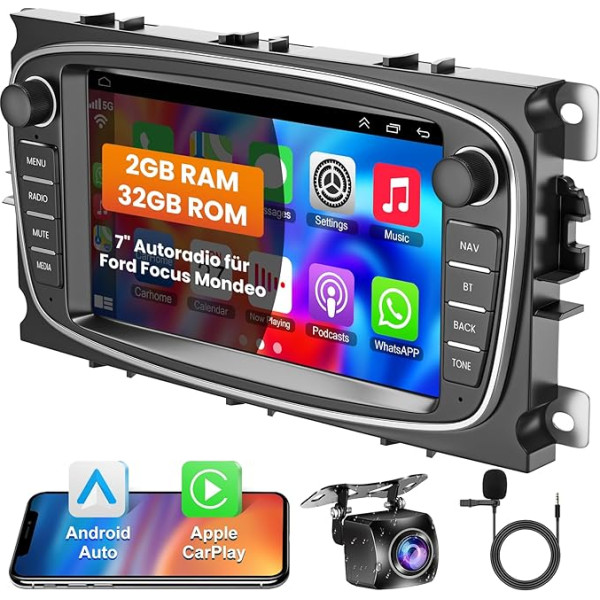 Android auto stereo priekš Ford Focus II C-MAX S-MAX Galaxy II Kuga Mondeo Iebūvēts bezvadu CarPlay Android auto radio, Bluetooth audio uztvērējs 7 collu ekrāns GPS navigācija atpakaļgaitas kamera WiFi FM RDS