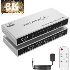 HDMI komutators HDMI sadalītājs 5 in 1 Out 8K 60Hz HDMI komutators - HDMI centrmezgls ar IR tālvadības pulti Atbalsta 8K @ 60Hz, 4K @ 120Hz, 2K, 3D, VRR, HDCP2.3, HDR Fire TV Stick PS5/PS4 Xbox DVD HDTV projektoram