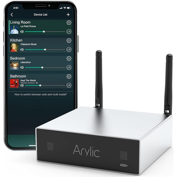 Arylic A50+ WiFi un Bluetooth mājas pastiprinātājs TPA3116 ar 50+50W 24V DC/2.0 Stereo kanālu, AirPlay DLNA, Multiroom/Multizone Sync, 24bit 192kHz HiFi audio straumēšana, integrēta skaļruņiem