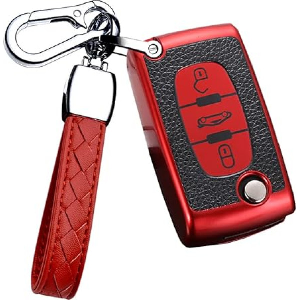 HIBEYO Flip Key Auto atslēgu futrālis piemērots Peugeot atslēgu futrālis Citroen C1 C2 C3 C4 Berlingo Peugeot 307 207 407 308 tālvadības atslēgu kārba TPU ādas tekstūra 3 pogas sarkans