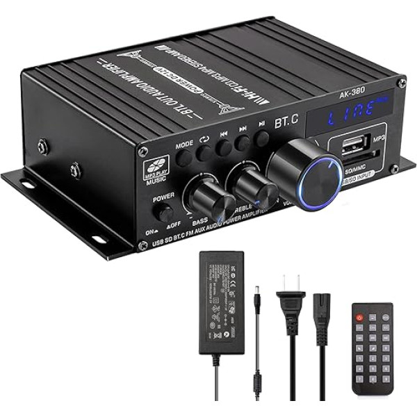 Bluetooth pastiprinātājs HiFi Stereo pastiprinātājs - 2 kanālu mini audio pastiprinātājs 400WX2 D klases pastiprinātājs Digitālais jaudas pastiprinātājs ar basa augstfrekvenču skaņotāju datoram Mājas kinozāle 12 V