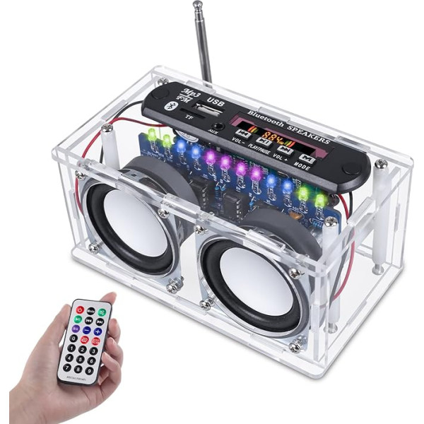 DONGKER DIY elektronisko skaļruņu lodēšanas komplekts Bluetooth komplekts ar FM radio, mini mājas stereo skaņas pastiprinātājs ar LED indikatora gaismu DIY radio komplekti Skaļruņu kaste ar tālvadības pulti