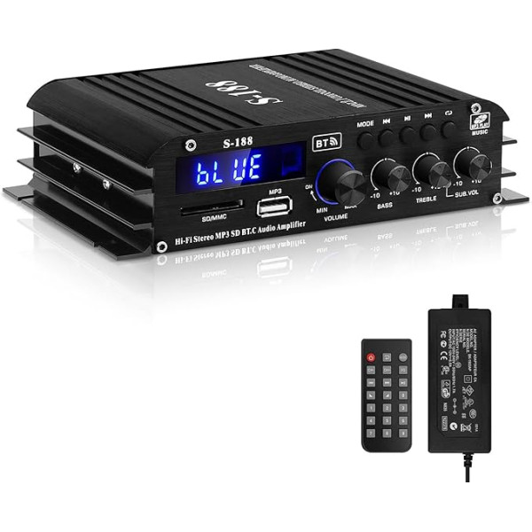 HiFi pastiprinātājs S-188 2.1 kanālu Bluetooth 5.0 mini audio pastiprinātājs RMS 40Wx2+50W Max 600W jaudas pasīvais zemfrekvences pastiprinātājs 110-240V ar USB TF slotu, AUX mājas skaļrunim