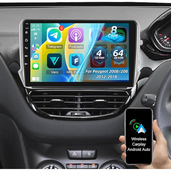 4 + 64G Android 13 autoradio Peugeot 2008/208 2012-2018 - Bezvadu Carplay un Android Car - 9 collu skārienekrāns ar DSP/WiFi/GPS/Mirror Link + AHD atpakaļskata kamera un mikrofons