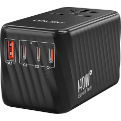 LENCENT starptautiskais ceļojuma adapteris, 140 W GaN3 universālais adapteris ar 3 PD3.1 C+1 QC USB A tipa USB, pasaules mēroga adapteris mobilajiem tālruņiem, 