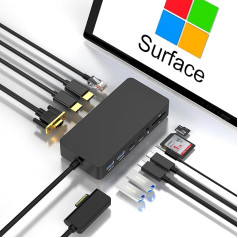 Microsoft Surface Dock Triple Displays Dual HDMI+VGA, 12-in-1 Surface dokstacija Microsoft Surface Pro 11/10/9/8/X/7/6/5/4/3, Surface Laptop 7/6/5/4/4/3/2/1, Surface Laptop Go 3/2/1, Book EU