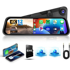 Hodozzy Mirror Dashcam 4K ar 12 collu skārienjūtīgo ekrānu, aizmugures skata spoguļa kamera priekšā ar Carplay GPS Android automašīnā, kamera ar Bluetooth, nakts redzamības WDR, WiFi Loop Recording, FM, AUX, 64 GB karte