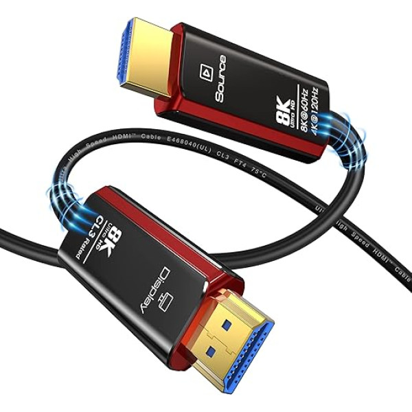 8K HDMI optiskās šķiedras kabelis 30 m, ātrgaitas optiskās šķiedras kabelis HDMI 2.1 kabelis CL3, iebūvēts sienā 48 Gbps Atbalsta 8K @ 60Hz 4K @ 120/144Hz Dynamic HDR eARC Dolby klēpjdatoram, monitoram, PS5, Xbox Series X, LG TV