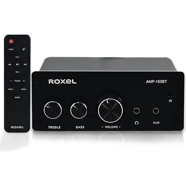 Roxel AMP-150BT pastiprinātājs 2 kanālu Bluetooth stereo audio pastiprinātāja uztvērējam, mini HiFi pastiprinātājs skaļruņiem līdz 90 W x 2, ar basa un augstuma regulēšanu