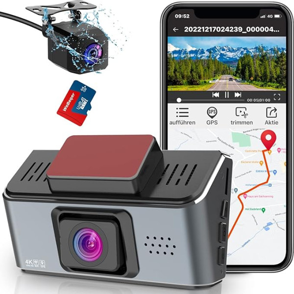 WeBeqer App Dashcam Car, Wifi auto kamera priekšējā aizmugurējā 4K UHD/1080P AHD, GPS auto kamera, nakts redzamība, WDR, stāvvietas uzraudzība, G-sensors, cilpas ierakstīšana, kustības noteikšana, max 512 GB atmiņas karte