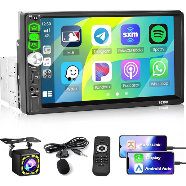 Hikity Auto radio 1Din CarPlay Android auto ar 7 collu ekrānu Radio Auto skārienekrāns ar Bluetooth Mirror Link FM USB AUX aizmugurējās kameras mikrofons Tālvadības pults