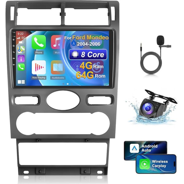 NHOPEEW Android auto radio 2+64G Ford Mondeo 2004-2006 ar Carplay un Android Car - WiFi GPS EQ 28 darbvirsmas tēmas RDS FM + atpakaļgaitas kamera un mikrofons