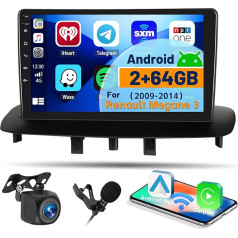 Hikity 2+64GB Android 13 Auto Radio Double DIN Renault Megane 3 2009-2014 ar Wireless CarPlay Android Car Mirror Link 9 collu skārienjūtīgais ekrāns Auto Radio ar navigāciju WiFi SWC FM RDS USB Mic