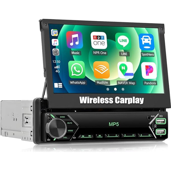 Bezvadu: SIXWIN Auto radio Bluetooth 1 DIN ar bezvadu Carplay Android auto spoguļa saiti, 7 collu izvelkams displejs, auto radio ar Bluetooth 5.0/USB/FM/AUX ekrānu