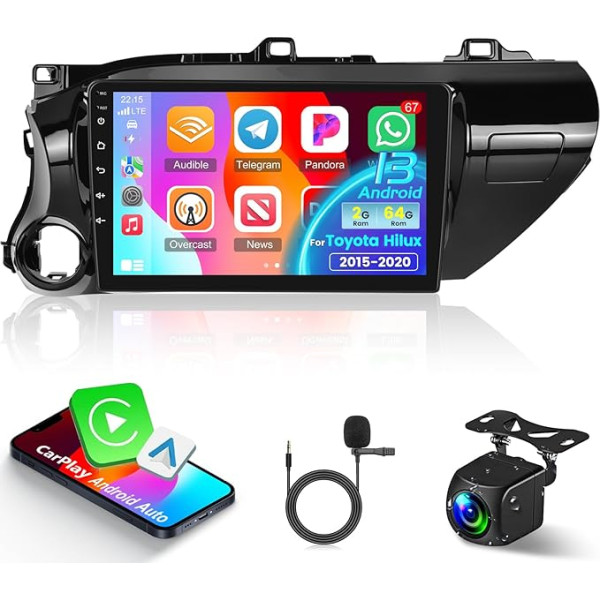 NHOPEEW Auto radio Toyota Hilux 2015-2020 ar bezvadu Carplay un Android Car - Android 13 Auto radio ar WiFi GPS stūres vadības ierīci EQ Split Screen + atpakaļgaitas kamera un mikrofons