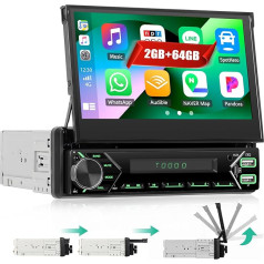 CAMECHO 2+64G Android 13 Auto radio 1 DIN ar navigāciju Carplay Android Car, Auto radio ar 7 collu manuāli izvelkamu ekrānu/Bluetooth brīvroku zvanīšana/WiFi/USB/Stūres rata vadība/Mirror Link