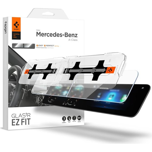 Spigen Glas.tR EZ Fit aizsargstikls, saderīgs ar Mercedes Benz A klases (W177, 2018-2023), GLB (2020-2024), CLA (2020-2023), šablons uzstādīšanai, matēts, pret pirkstu nospiedumiem