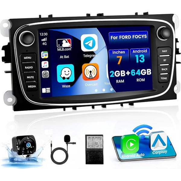 [2+64G] Android 13 auto radio bezvadu Carplay Ford Focus Kuga Galaxy C-MAX S-MAX Mondeo MK4 7 collu auto radio ar ekrāna navigāciju Android auto Bluetooth WiFi FM RDS (melns)