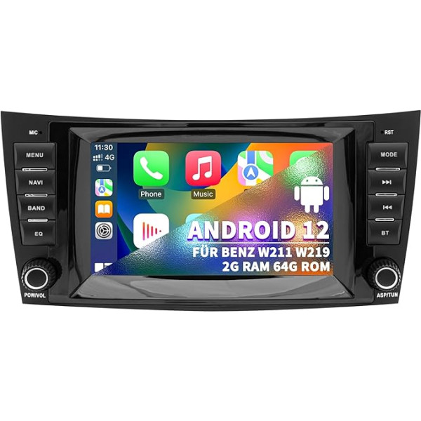 Autoradio priekš Mercedes Benz E klases W211 CLS W219, Android 12 sistēma 2G+64G, 7 collu skārienjūtīgais ekrāns ar navigāciju Carplay Android Car Bluetooth WLAN MirrorLink stūres kontrole