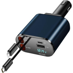 COCIVIVRE Roll-up auto lādētājs, 4-in-1 USB C ātrgaitas auto lādētājs 60 W, ievelkams kabelis (2,6 pēdas) un 2 USB pieslēgvietu auto lādētāja adapteris, saderīgs ar iPhone 15/14/13/12/Pro Max/Plus/Pro.