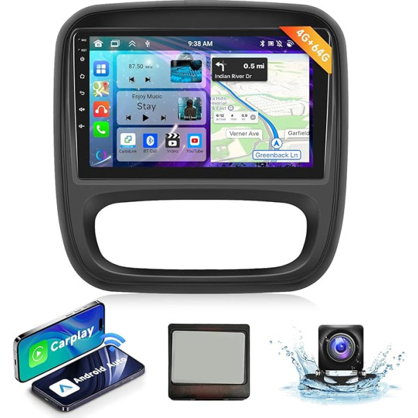 4G + 64G 9 collu auto radio Bluetooth Renault Trafic / Vauxhall Vivaro 2015 Carplay Android auto bezvadu, podofo 8-core Android radio 2 DIN ar ekrānu GPS navigācija HIFI/RDS/FM DSP AHD aizmugures skats