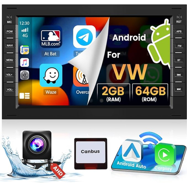 [2GB + 64GB] Hikity Android 13 auto radio VW Polo Golf Jetta Sharan Passat Skoda ar Wireless Carplay & Android Car, 7 collu auto radio ar Bluetooth navigāciju Mirror Link SWC FM/RDS radio MIC