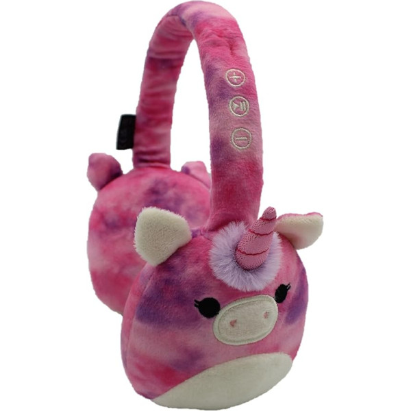 Squishmallows Lola The Unicorn plīša Bluetooth austiņas ar iebūvētu mikrofonu zvanu veikšanai un saņemšanai, 10 metru Bluetooth diapazons, skaļuma regulēšana, mīksti plīša ausu spilventiņi un