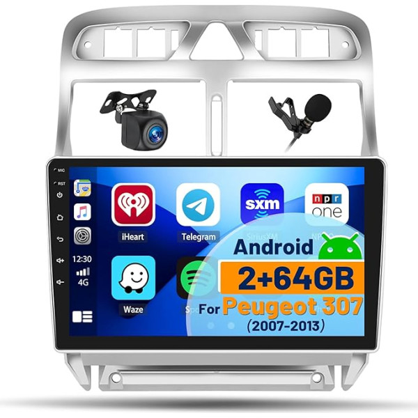 Hikity 2+64GB Android 13 Auto Radio Double DIN Peugeot 307 2007-2013 ar bezvadu CarPlay Android Car Mirror Link 9 collu skārienjūtīgais ekrāns ar navigāciju WiFi SWC FM RDS USB Mic Reversing