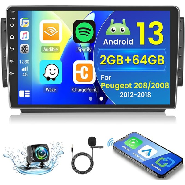 2+64GB Android 13 Auto radio Peugeot 208/2008 2012-2018 Radio Wireless Carplay Android Car, 10,1 collu IPS Touch Screen Radio ar atpakaļgaitas kameru, Bluetooth, navigāciju, WiFi, DSP, ekvalaizeru, Mirror Link