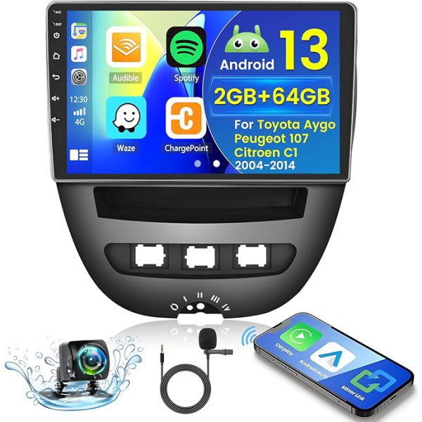 2+64GB Android 13 Auto radio Toyota Aygo/Peugeot 107/Citroen C1 2004-2014 Radio Wireless Carplay Android Car, 10,1 collu IPS Touch Screen Radio ar aizmugures skata kameru, Bluetooth, navigācija, WiFi, DSP